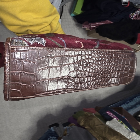 Burgundy Floral Tapestry Purse With Brown Faux Leather - Picture 8 of 11